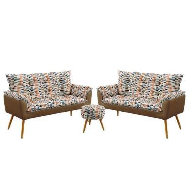 Imagem de Kit 2 Poltronas Namoradeira Opala com Puff Solar Sued Estampado Laranj