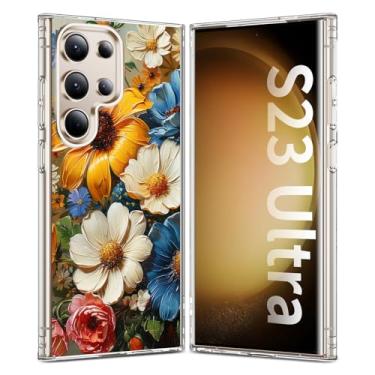 Imagem de YSLBWLE Capa para Galaxy S23 Ultra - Proteção fina e de nível militar com capa magnética para celular (pintura a óleo com flores azuis) 25-s23u-04
