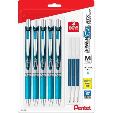 Imagem de Pentel Energel Canetas de tinta gel líquido de 0,7 mm – Pacote com 5 canetas RTX Deluxe azul-celeste com 3 refis