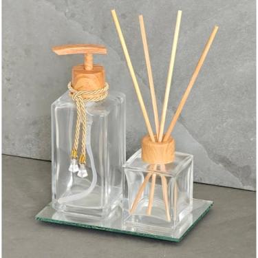 Imagem de Kit Aromatizador de Banheiro Vidro com Porta Sabonete e Difusor de Ambiente Madeira