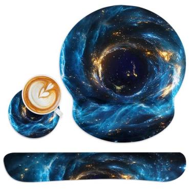 Imagem de Britimes Conjunto de 3 peças de mouse pad espacial azul e preto com suporte de pulso base de borracha antiderrapante, suporte ergonômico, suporte de almofada de pulso de mouse e porta-copos para jogos
