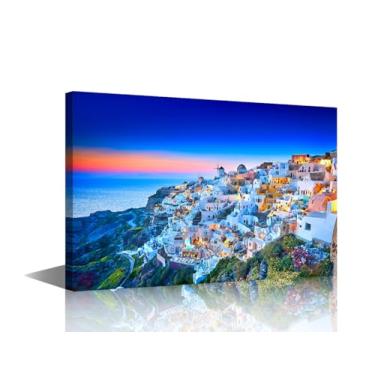 Imagem de TUMOVO Arte de parede do horizonte de Santorini para quarto Grécia pintura em tela Europa grande arte de parede para sala de estar ilha pôr do sol horizonte contemporâneo decoração de casa 1 painel