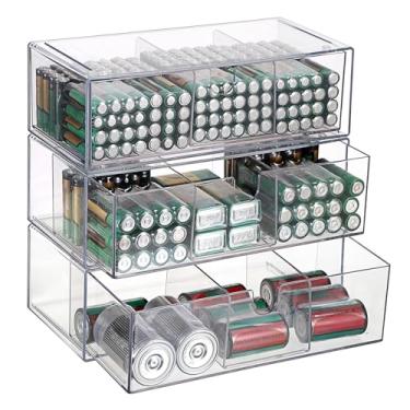 Imagem de BTSKY Pacote com 3 organizadores de armazenamento de bateria de acrílico transparente para pilhas AA, AAA, 9V, C, D, caixa de armazenamento de 3 gavetas, suporte de bateria para tipos comuns