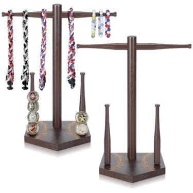 Imagem de Vicenpal Pacote com 2 colares de beisebol de madeira, suporte de anéis, torres de joias de softball, colar de gotejamento de beisebol, estojo de exibição para suporte de presente de campeonato
