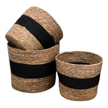 Imagem de Jogo 3 Cestos Fibra Natural Organizador Palha Com Preto - Vacheron