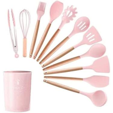 Imagem de Colher De Silicone Com Cabo De Bambu - Kit 12 PeçAs UtensíLios Naturais | NãO Risca Panelas | Presente Para Chá De Panela(Kit 12 Peças Utensílios-rosa)