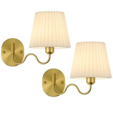 Imagem de TERLEENART Conjunto de 2 arandelas de parede de braço oscilante com fio, luz de parede interna dourada com abajur de tecido plissado branco para quarto, sala de estar, sala de jantar