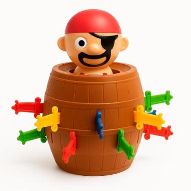 Imagem de Jogo Pirata no Barril, Brinquedo de Mesa em ABS, Marrom, 19x13x13cm, com 16 Espadas, para Crianças Acima de 5 Anos, 2-3 Jogadores