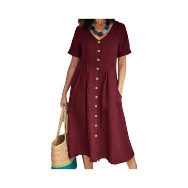 Imagem de Vestido De Algodão E Linho plus Size Com Decote Em V, Manga Curta, Bot