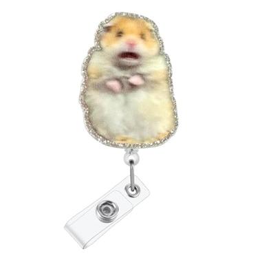 Imagem de Carretel de crachá de hamster assustado para enfermeiros, suporte retrátil de crachá de identificação com clipe jacaré de borda de glitter, acessório médico divertido para enfermeiros, médicos e