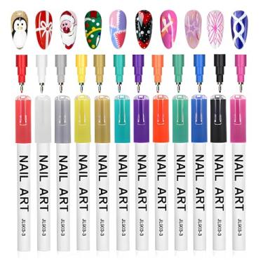 Imagem de Gorvalin Canetas marcadoras de arte de unhas com ponta de 0,5 mm, 12 cores, canetas de arte de unhas à base de água para pintura de ponta de unha, grafite e pontilhada, caneta delineadora para salão