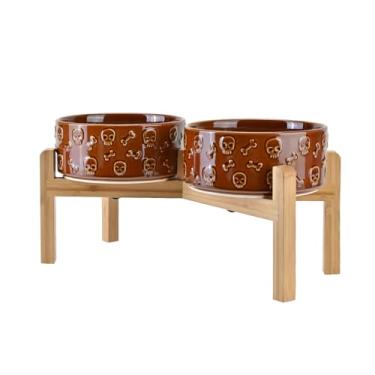 Imagem de SPUNKYJUNKY Tigelas elevadas de cerâmica para cães, 19,3 cm, com suporte de bambu antiderrapante para raças de tamanho médio a grande podem ser lavadas no micro-ondas - 1,2 g, bronze crânio