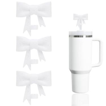 Imagem de YAYAYOUNG 3 peças de tampas de canudo de laço branco com glitter compatíveis com copos Stanley de 30 e 1,134 g, protetores reutilizáveis e fofos de silicone para canudos StanleyCups de 10 mm