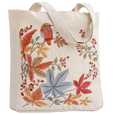 Imagem de Perseverance Trade Sacola feminina com bordado estético, linda bolsa de ombro reutilizável de lona para compras, supermercado, livros, academia, Pássaros de outono, Large