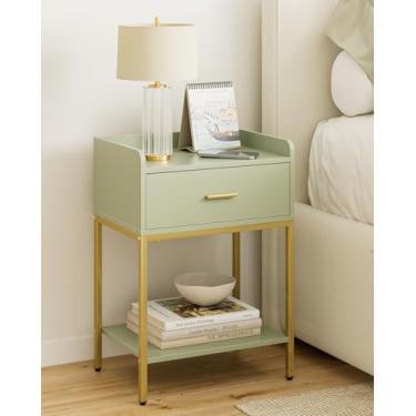 Imagem de Masupu Mesa de cabeceira, mesa de cabeceira moderna de 3 níveis com gaveta de armazenamento e prateleira, mesa lateral pequena para quarto, sala de estar, preta (sem tomada, verde)