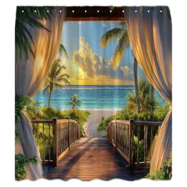 Imagem de KDYDK Cortina de chuveiro oceano praia azul-petróleo laranja vista mar tropical Havaí pôr do sol ilha palmeiras árvore litorânea janelas natureza paisagem decoração conjunto de cortina de banheiro com