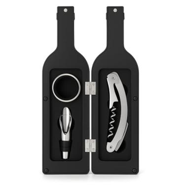 Imagem de Kit Abridor de Vinho Inox Premium 3 Peças com Estojo em Formato de Garrafa – Saca-Rolhas Sommelier + Anel Salva-Gotas + Aerador Profissional