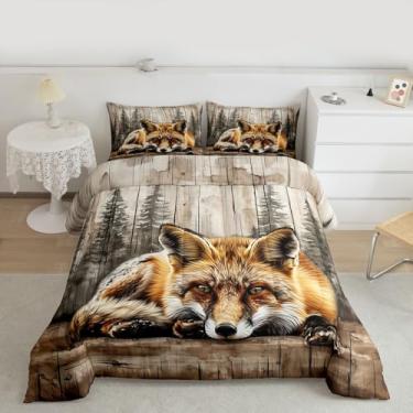 Imagem de Erosebridal Conjunto de cama casal de caça raposa, vida selvagem, selvagem, para crianças, meninas, mulheres, animais da floresta natural, rústico, pinho, decoração de quarto