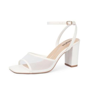 Imagem de Easyfox Sandálias femininas de salto grosso, bico aberto, tira no tornozelo, 7,6 cm, salto alto, vestido de casamento, Malha branca, 38