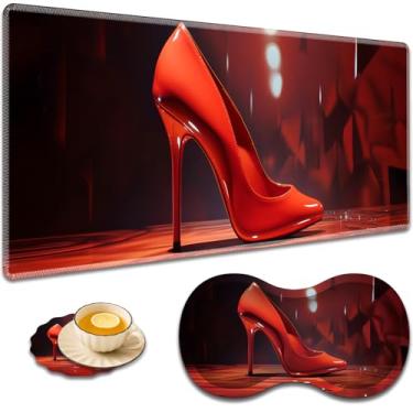 Imagem de Tapete de mouse grande + suporte de pulso + porta-copos de café, almofada de mesa com bordas costuradas, conjunto antiderrapante adequado para trabalho de escritório e casa - salto alto vermelho