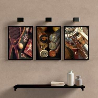 Imagem de Kit 3 Quadros Esporte Tênis Vintage 24X18Cm Com Vidro Preta - Quadros 