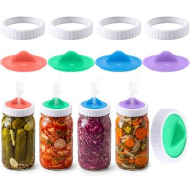 Imagem de 4 anéis de pote de pedreiro e 4 peças de tampa de fermentação de represilha, kit de fermentação para frascos de boca larga, faixas de parafuso duráveis e tampa de bloqueio de ar para picles e chucrute