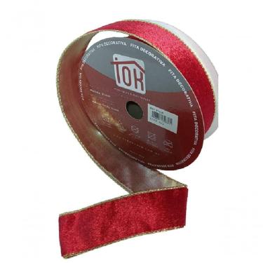 Imagem de Fita Decorativa Vermelha Veludo Lisa Com Borda Dourada