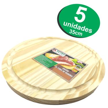 Imagem de Kit 5 Tábua Redonda 35cm Madeira Para Queijos e Frios Churrasco Petiscos Pizza Carnes Atacado