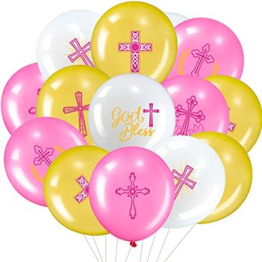 Imagem de Pacote com 45 decorações de festa de batismo, cruz de batismo rosa balões de látex decoração de primeira comunhão batizado Deus abençoar decoração para chá de bebê menina suprimentos de casamento de aniversário interior exterior