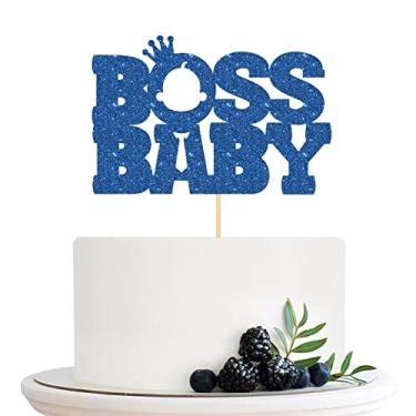 Imagem de Halodete Topo de bolo de bebê Boss, topo de bolo de aniversário de menino, revelação de gênero, decorações de bolo de festa de chefes de feliz aniversário azul glitter