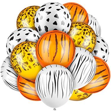 Imagem de Skylety 24 balões com estampa de animais selva e safári, balões de animais de tigre, leopardo, vaca, zebra, balões para selva com tema safári, decorações de festa de aniversário na selva