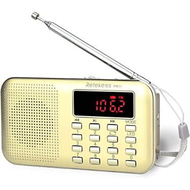 Imagem de Retekess PR11 AM Rádio FM portátil, rádio transistor recarregável pequeno, com fone de ouvido MP3 Music Player Suporte para alto-falante Cartão Micro SD para ambientes externos (Dourado)