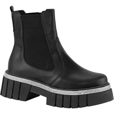Imagem de Bota Chelsea Feminina Coturno Tratorado Strass Plataforma Sint. Preto36