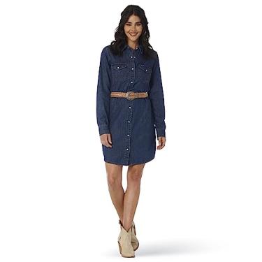 Imagem de Wrangler Vestido feminino retrô de manga comprida jeans estilo ocidental, Jeans escuro, GG