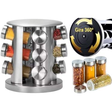 Imagem de Porta Temperos E Condimentos 12 Frascos Potes + Suporte Giratorio Redondo Aço Inox, Organizador de Cozinha Cromado, Porta Mantimentos com Base Giratoria