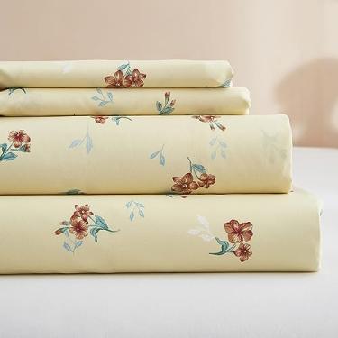 Imagem de Jogo de lençol California King floral amarelo, 4 peças, lençol macio de luxo com bolso profundo de 40,6 cm, lençol com elástico fácil de ajustar, lençol de cama de hotel e fronhas