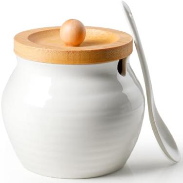 Imagem de AISBUGUR Açucareiro com tampa e colher, pote de açúcar de 368 g com tampa de bambu, recipiente de açúcar de cerâmica para café, bancada, decoração de cozinha, branco