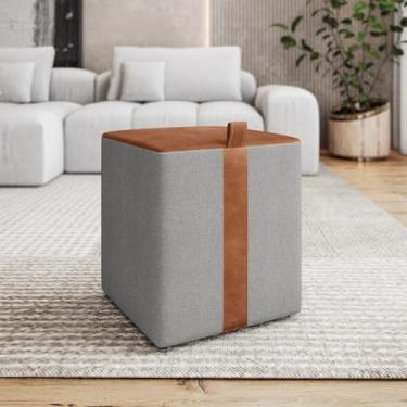 Imagem de Banqueta Quadrada Puff closet Em Couro Caramelo Linho Cinza Premium