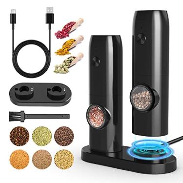 Imagem de FETLLESN Conjunto de moedor elétrico de sal e pimenta, conjunto de moedor de pimenta automático recarregável, com base recarregável, cabo USB, 2 moedores grossos e finos, operação com uma mão, luz LED