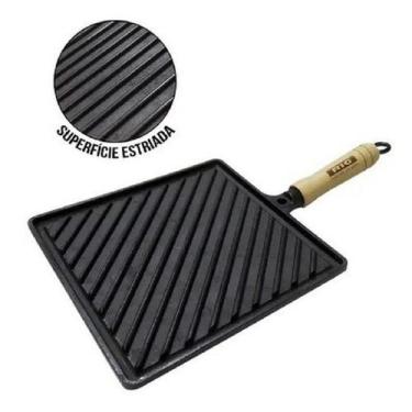 Imagem de Chapa Bifeteira Ferro Fundido Estriada Cabo De Madeira - RIG, Preto