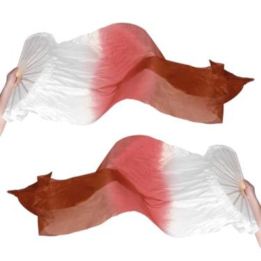 Imagem de PATIKIL Véu de leque de seda para dança do ventre 150 cm, 1 par (esquerda + direita) leque de dança longo dobrável leque de madeira para apresentação de dança, branco gradiente vinho tinto