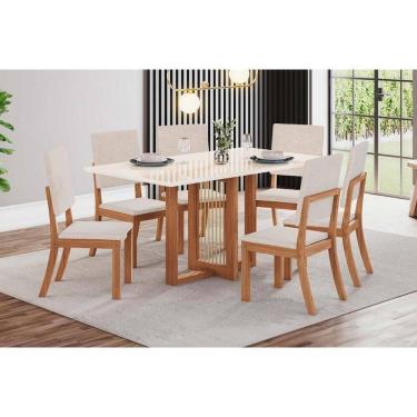 Imagem de Conjunto: Mesa de Cozinha Natalí c/ Tampo Madeirado c/ Vidro Reto 160x90cm e 6 Cadeiras Milla Nature/Suede Light Linho - Henn