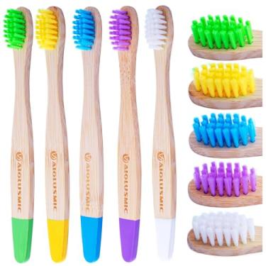 Imagem de AIOLUSMIC Escovas de dentes de bambu, 5 unidades, escova de cerdas duras médias para crianças, escovas de dentes coloridas de bambu redondas de viagem para crianças (5 cores diferentes, para crianças)