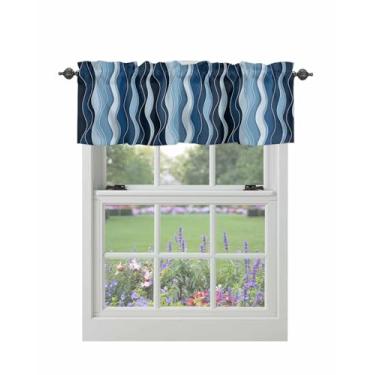 Imagem de Cortina para janelas abstrata ombré ondas azuis haste bolso sanefa tratamentos de janela listras abstratas cortinas curtas para cozinha janelas sala de estar quarto decoração 106,66 x 30,5 cm