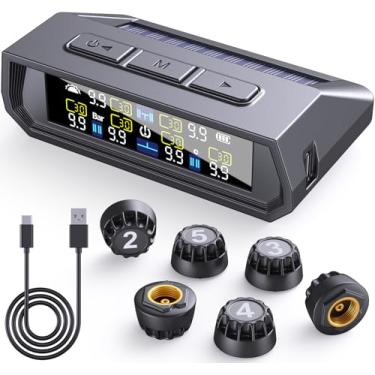Imagem de EKNBKE 【 】 Sistema de monitoramento de pressão de pneu RV, 0-9,9 BAR, sistema de monitor de pressão de pneu 144 PSI com carga solar, TPMS com 6 sensores e 6 modos de alarme (6 sensores - preto)