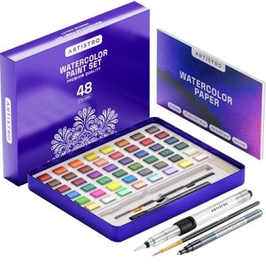Imagem de ARTISTRO Conjunto de tinta aquarela – 48 cores vivas em caixa portátil, incluindo tons metálicos e fluorescentes – Kit de arte de viagem para artistas, amadores e amantes de pintura (casa premium)