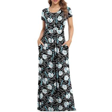 Imagem de VIISHOW Vestidos maxi femininos de manga curta soltos lisos vestidos longos casuais com bolsos, Lírios florais, M