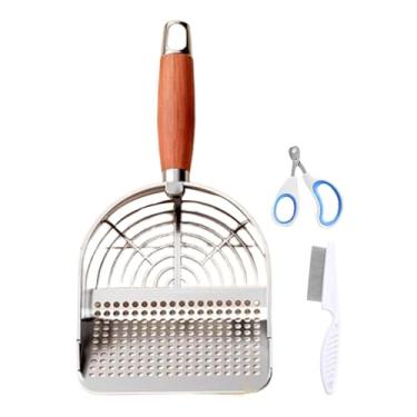 Imagem de MotiveTech Pá para areia de gato, pá para cocô de gatinho, pente fácil de limpar, presentes, prata, fácil de usar, aço inoxidável, peneira para areia resistente, Buraco Redondo