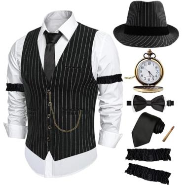 Imagem de ZeroShop Fantasia masculina de Halloween anos 20 Peaky Blinders Roaring 20s Gangster Mobster Outfit, Colete de chapéu listrado, M