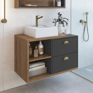 Imagem de Gabinete de Banheiro Suspenso 80cm com 2 Gavetas e Cuba Helena Mel/Grafite